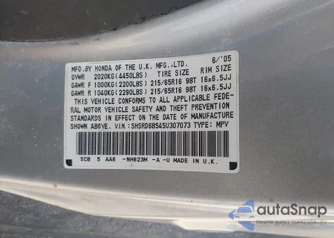 2005 Honda Cr-V Lx z USA, uszkodzony, nr VIN SHSRD68545U307073